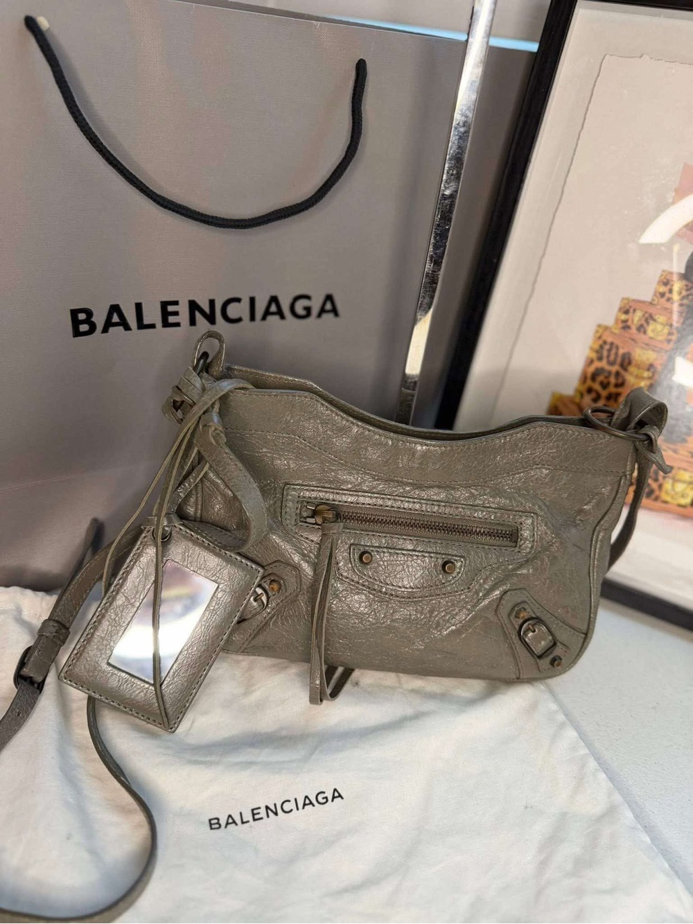 Balenciaga Taupe-Grey Textured Leather City Shoulder Bag with Mirror Tag and COA
